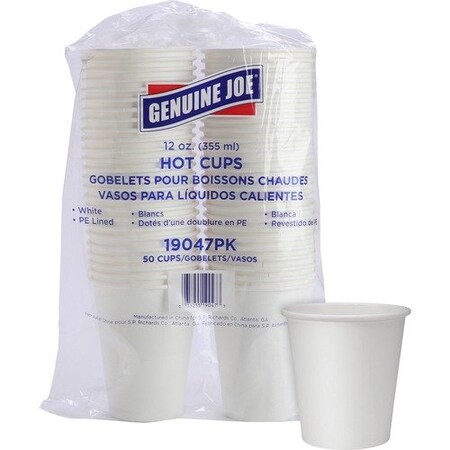 Genuine Joe Genuine Joe Hot Cups, Single Poly-Lined Wall, 12 oz, White, 50PK GJO19047